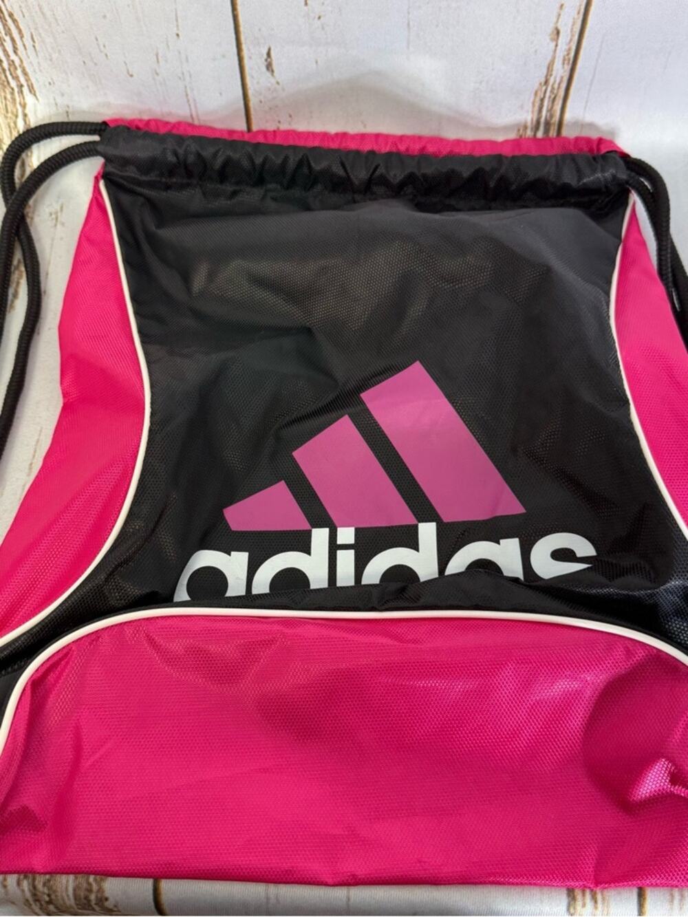 adidas Black and Pink Drawstring Backpack with Front Zip Pocket. Good used cond!